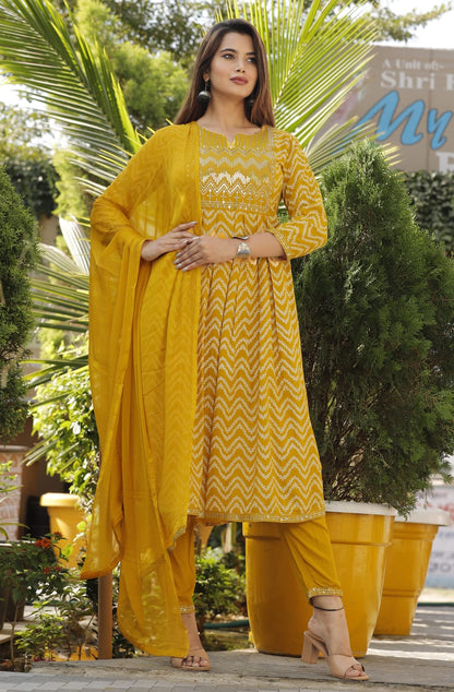 Yellow Ikat Printed Kurta Pant & Dupatta Set for Women | Elegant Festive & Casual Wear