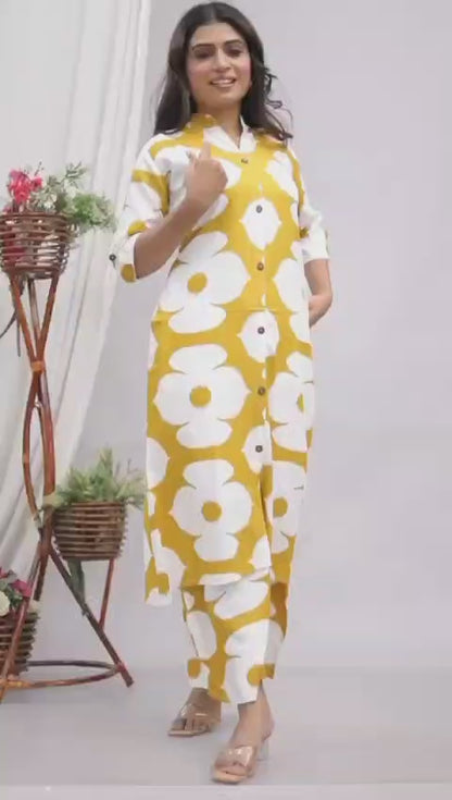 Yellow Abstract Floral Printed Co-Ord Set for Women – Button-Down Long Kurta with Matching Wide-Leg Pants