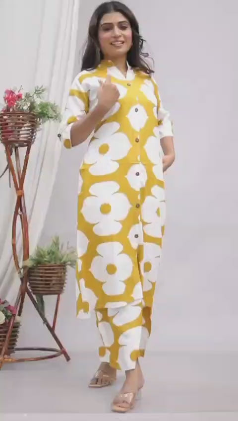 Yellow Abstract Floral Printed Co-Ord Set for Women – Button-Down Long Kurta with Matching Wide-Leg Pants