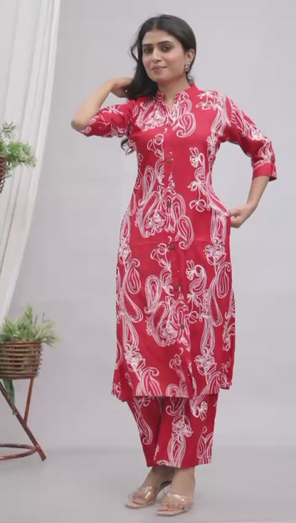 Red Printed Cotton Co-Ord Set for Women – Button-Down Long Kurta with Matching Wide-Leg Pants