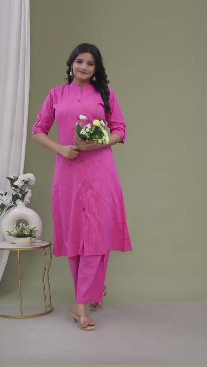 Rani Pink Cotton Katha Work Co-Ord Set for Women – Button-Down Long Kurta with Matching Wide-Leg Pants