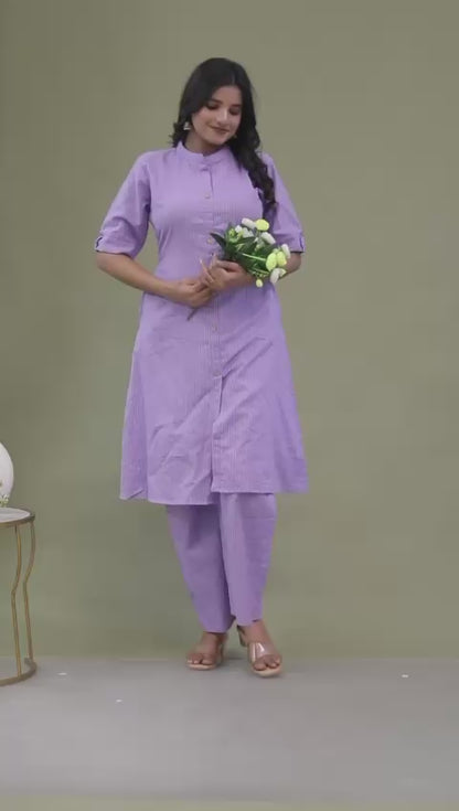 Women's Lavender Striped Cotton Coord Set | Button-Down Straight Kurta with Matching Pants | Elegant Daily & Office Wear