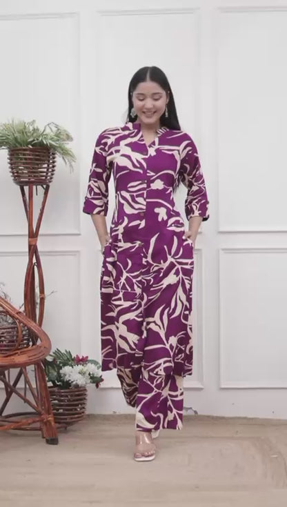 Purple & Beige Abstract Print Co-Ord Set for Women – Elegant Button-Down Kurta with Matching Printed Pants