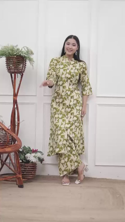 Women's Olive Green Floral Printed Coord Set | Button-Down Kurta with Matching Pants | Elegant Daily & Office Wear Outfit