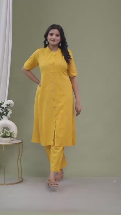 Bright Yellow Cotton Katha Work Co-Ord Set for Women – Button-Down Long Kurta with Matching Straight Pants