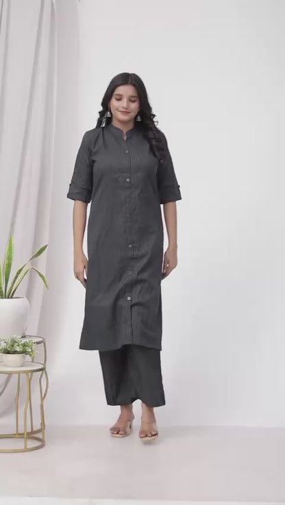 Women's Premium Cotton Katha Print Straight Kurta With Matching Pants | Black Striped Ethnic Co-Ord Set | Button-Down Kurta with Mandarin Collar & 3/4 Sleeves
