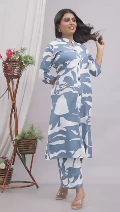 Women’s Grey & White Abstract Printed Cotton Co-Ord Set | Button-Down Straight Kurta with Pant | Mandarin Collar & Roll-Up Sleeves
