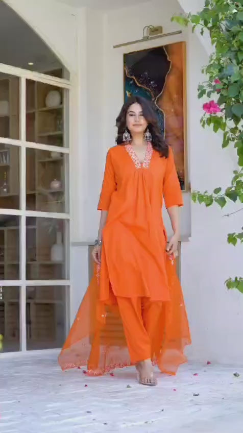 Premium Orange Embroidered Kurta Set with Organza Dupatta for Women – Festive & Ethnic Wear Suit Set