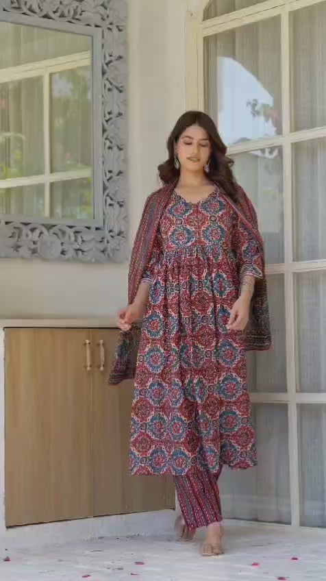 Women’s Kalamkari Printed Anarkali Kurta Set with Dupatta | Cotton 3-Piece Ethnic Suit Set | Comfortable Daily & Festive Wear